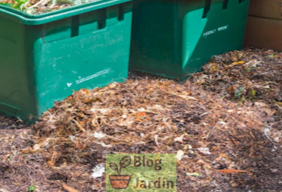 Imagen ilustrativa de compost de jardín almacenado en contenedores apilables, mostrando un método eficaz para almacenar compost en el jardín.