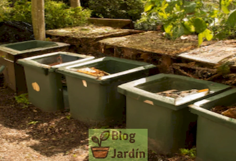 Imagen de un jardín organizado con composteras bien colocadas, mostrando un método efectivo de almacenamiento de compost de jardín.