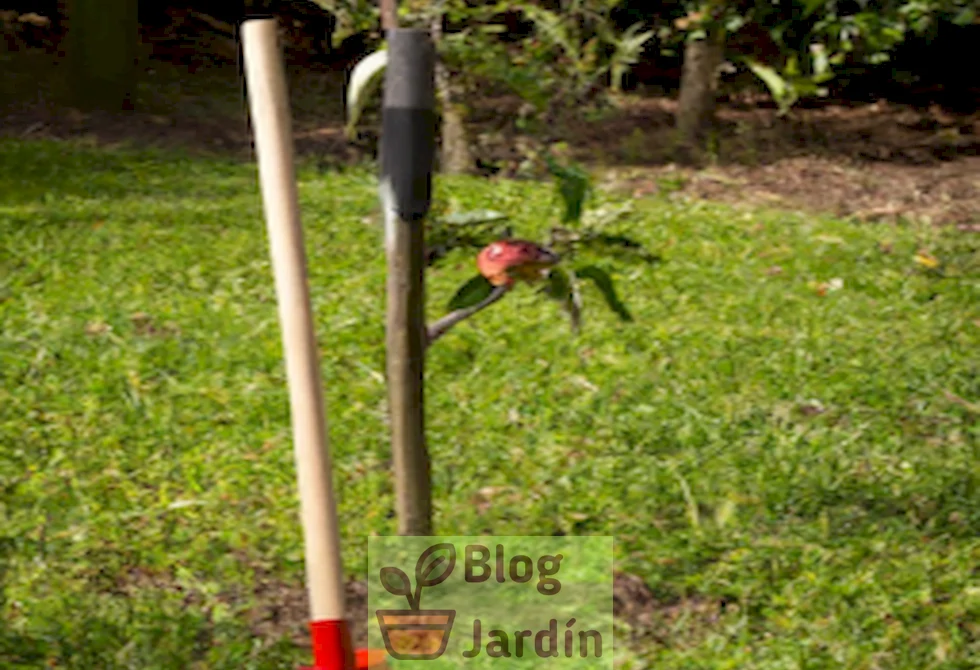 Imagen de un árbol de manzana Honeycrisp siendo plantado en un jardín con herramientas de jardinería