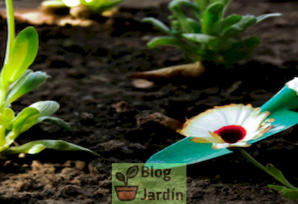Imagen de una Flor de Cuchara en un jardín, con tierra y regadera alrededor, representando la plantación y cuidado de esta planta en el hogar.