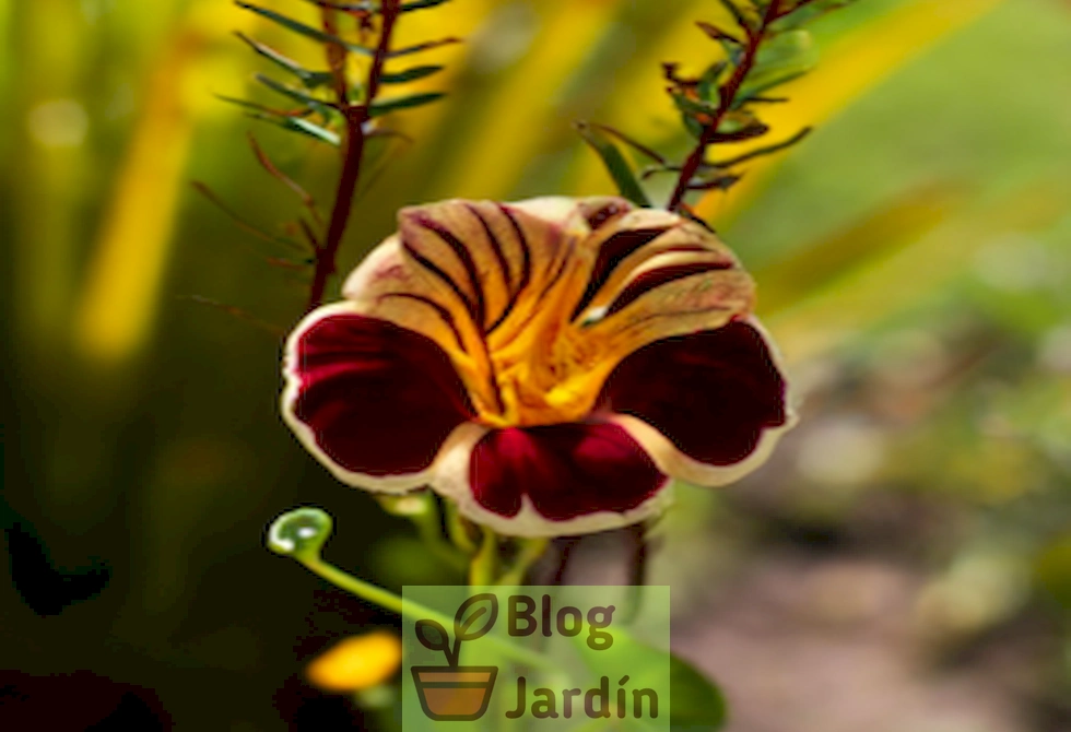 Imagen de una Flor de Cuchara floreciendo en un jardín con fondo verde y soleado.