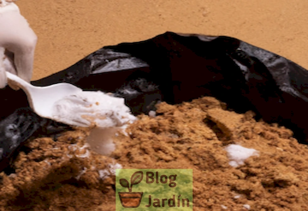 Imagen ilustrativa de una persona vertiendo bicarbonato de sodio sobre un montón de compost para eliminar el mal olor de forma efectiva.