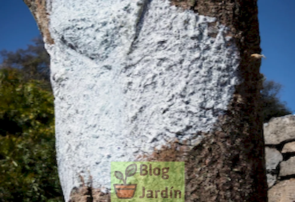 Imagen de un árbol con pintura blanca en su tronco para protegerlo de daños externos