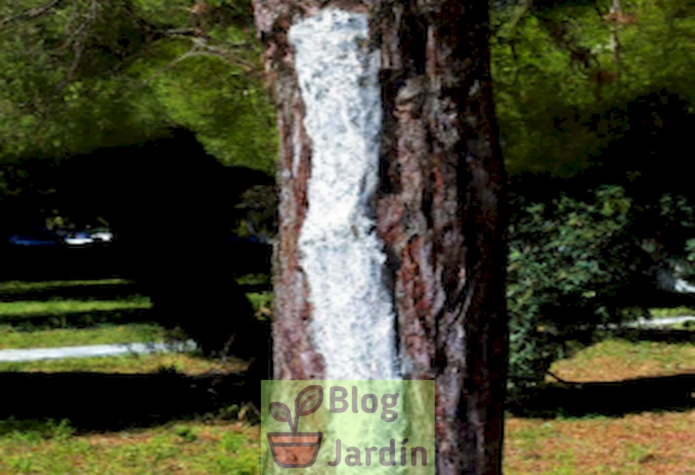 Un árbol con pintura blanca en su tronco para proteger su corteza.
