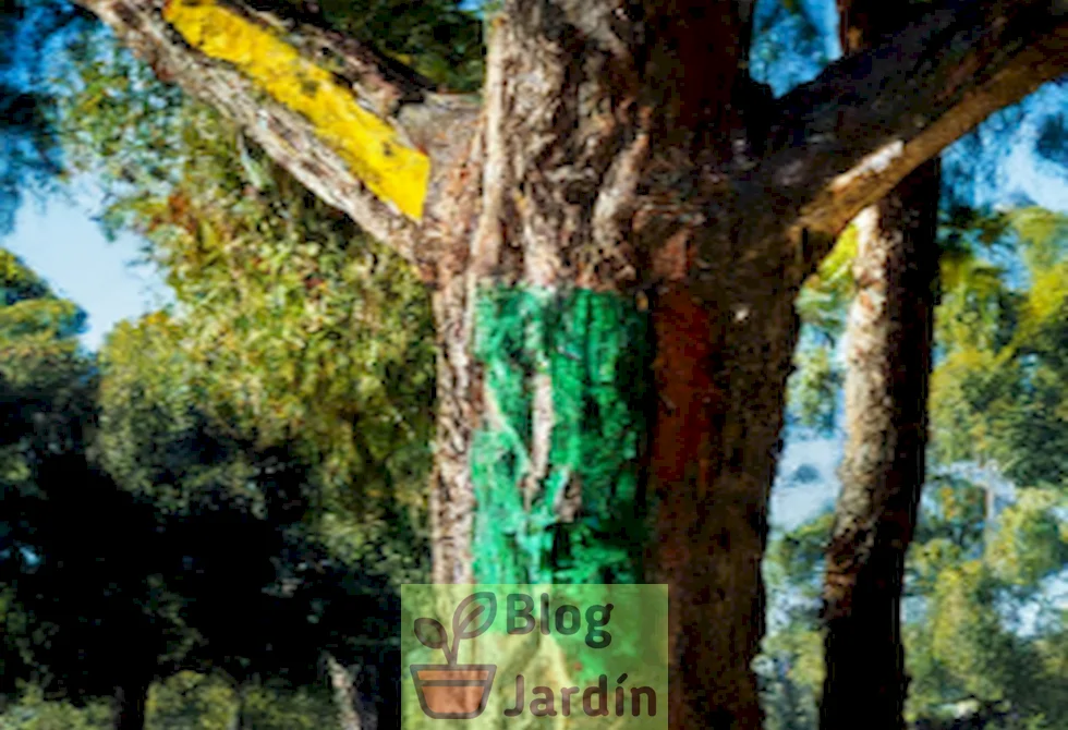 Árbol con corteza protectora pintada en colores vivos para su conservación y protección.