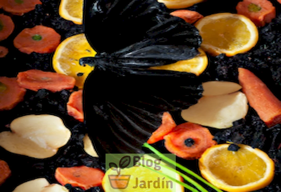 Imagen de mariposa negra con alas de encaje sobre zanahorias frescas.